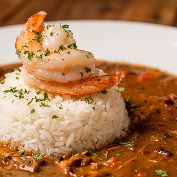 Shrimp and rice served in a bowl of rich, dark gumbo, garnished with parsley.