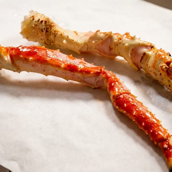 Two cooked king crab legs with red and white shells on a white parchment paper.