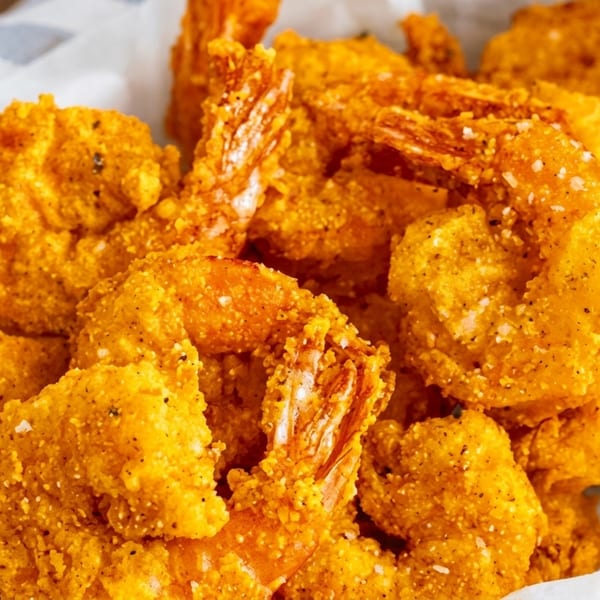 Close-up of crispy, golden-brown fried shrimp, seasoned with spices, served in a white paper-lined basket.